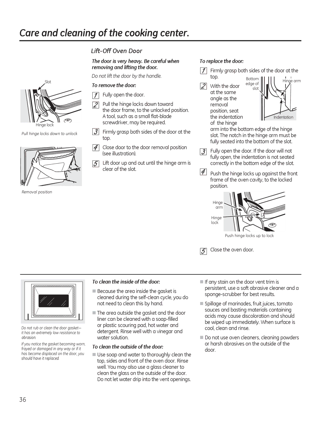 GE JKP90, JTP90 Lift-Off Oven Door, To remove the door, To clean the inside of the door, To clean the outside of the door 