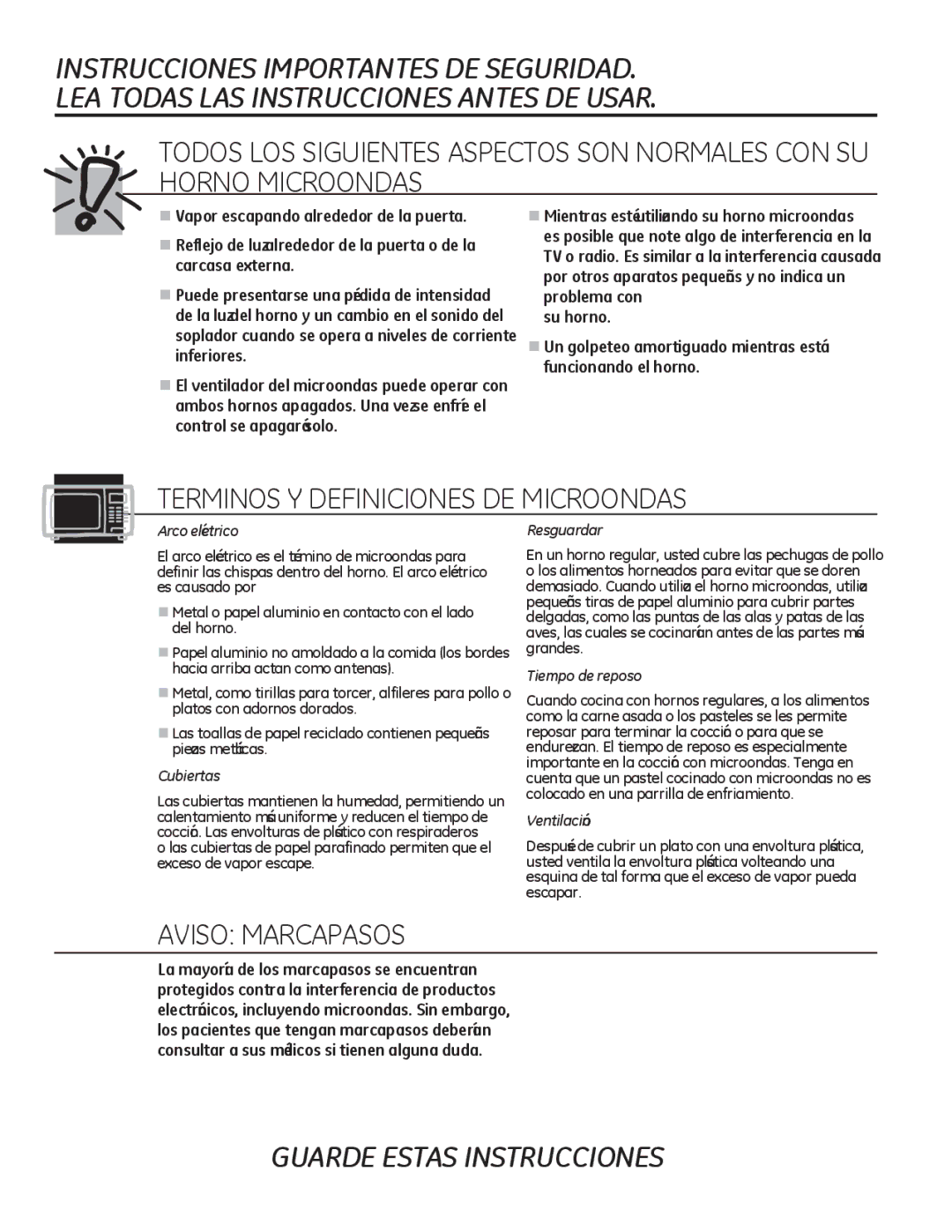 GE JKP90, JTP90 manual Terminos Y Definiciones DE Microondas, Aviso Marcapasos 