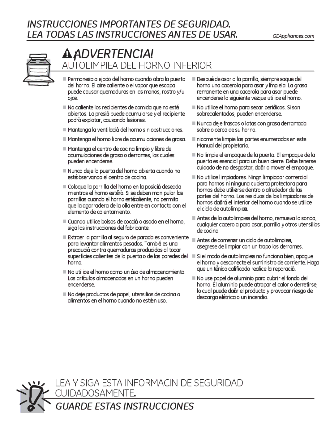 GE JTP90, JKP90 manual Autolimpieza DEL Horno Inferior, LEA Y Siga Esta Información DE Seguridad Cuidadosamente 