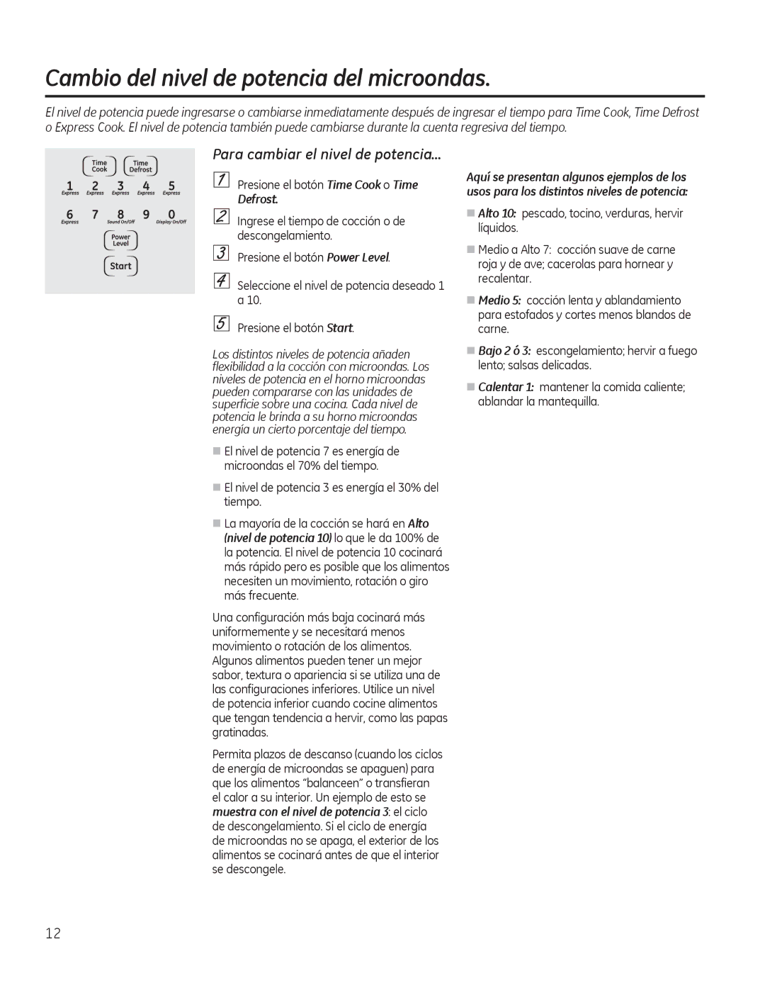 GE JKP90, JTP90 manual Cambio del nivel de potencia del microondas, Para cambiar el nivel de potencia…, Defrost 