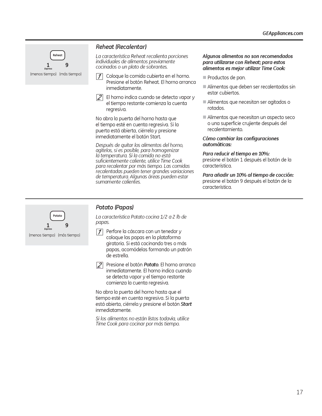 GE JTP90, JKP90 manual Reheat Recalentar, Potato Papas, Presione el botón 1 después el botón de la característica 