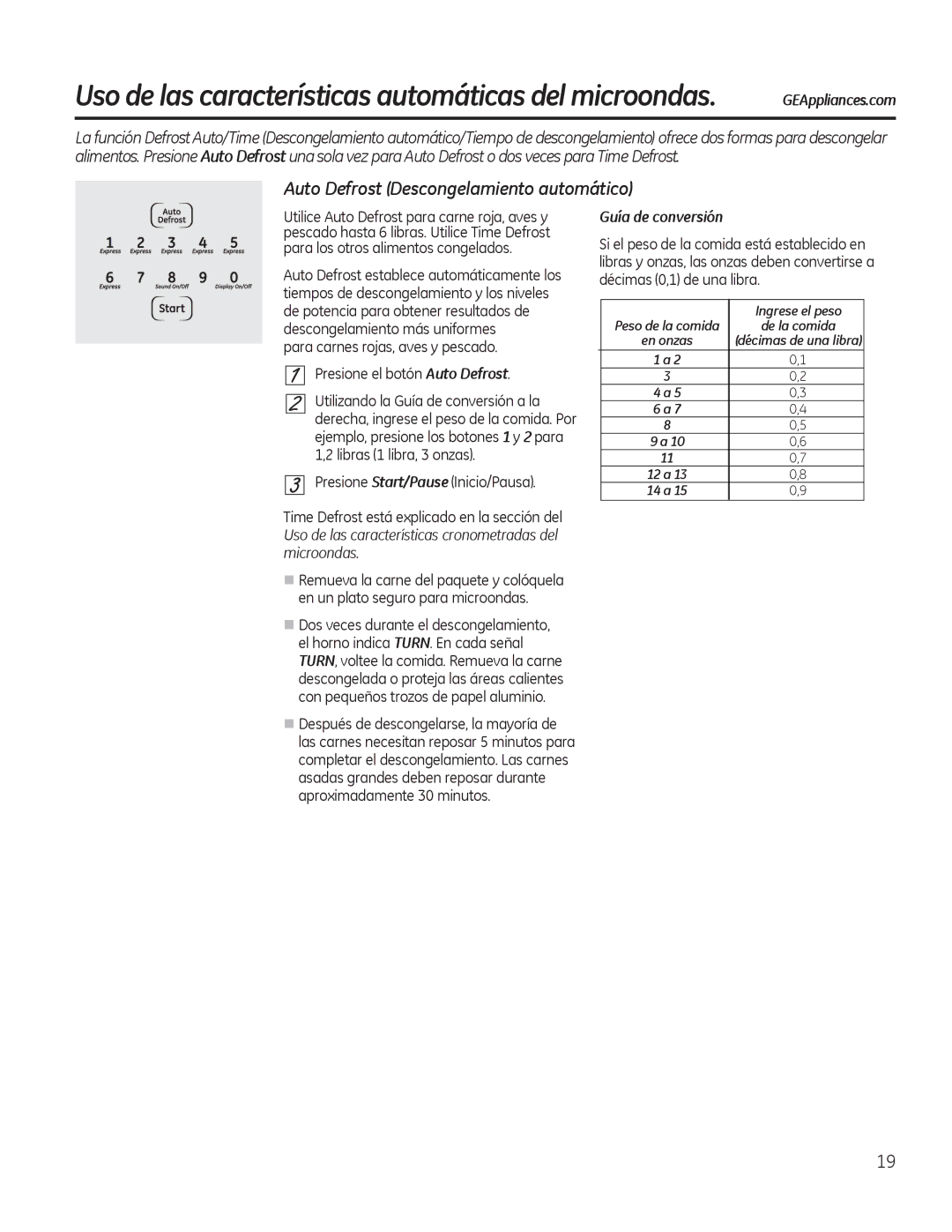 GE JTP90, JKP90 manual Auto Defrost Descongelamiento automático, Guía de conversión, Ingrese el peso 