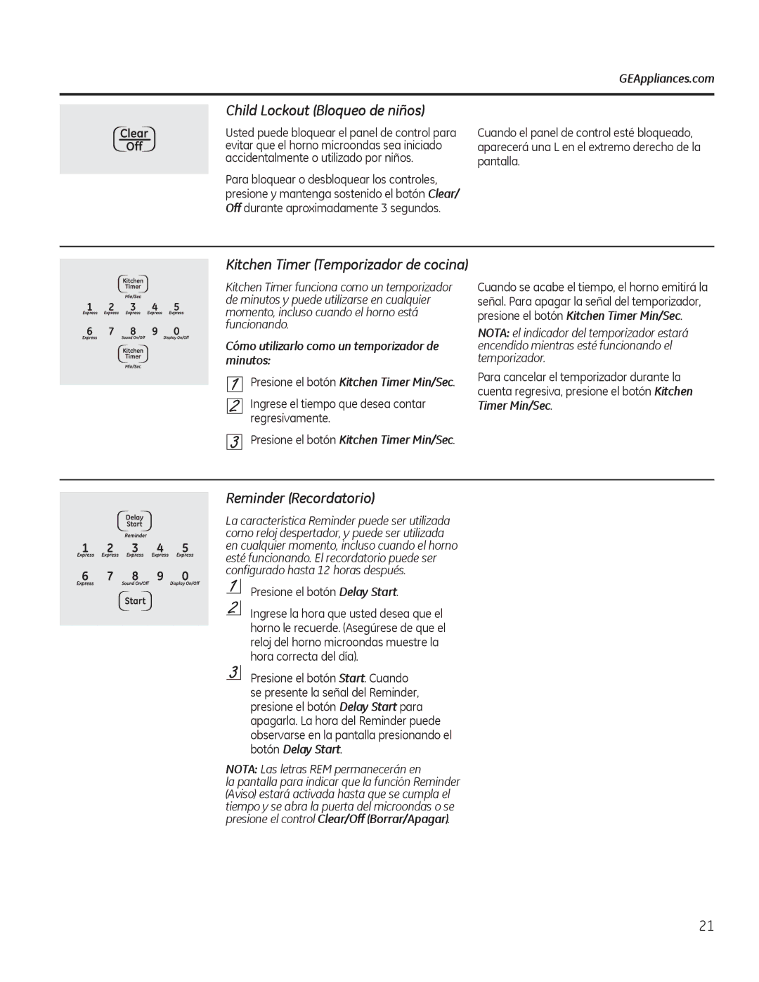 GE JTP90, JKP90 manual Child Lockout Bloqueo de niños, Reminder Recordatorio 