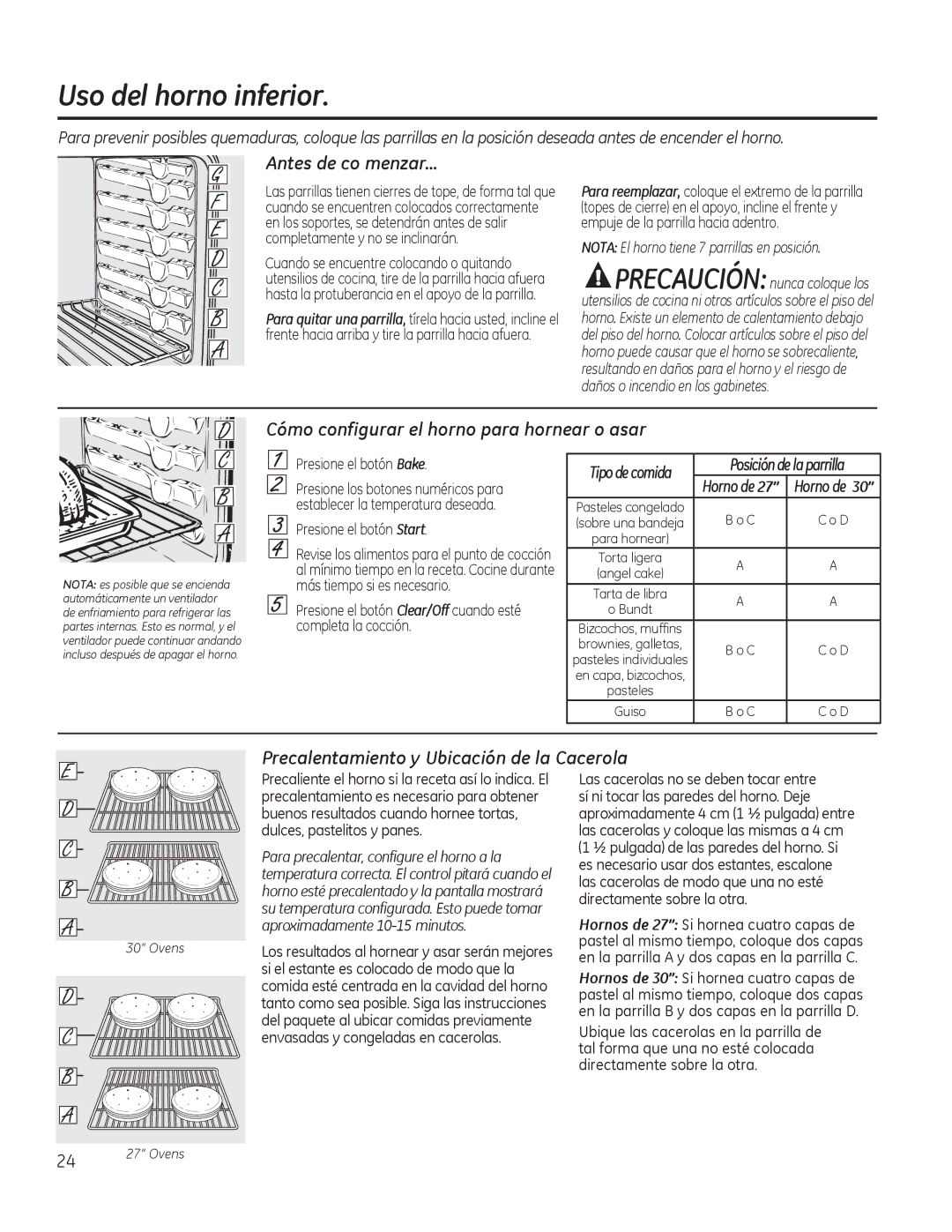 GE JKP90, JTP90 manual Uso del horno inferior, Antes de co menzar…, Cómo configurar el horno para hornear o asar 