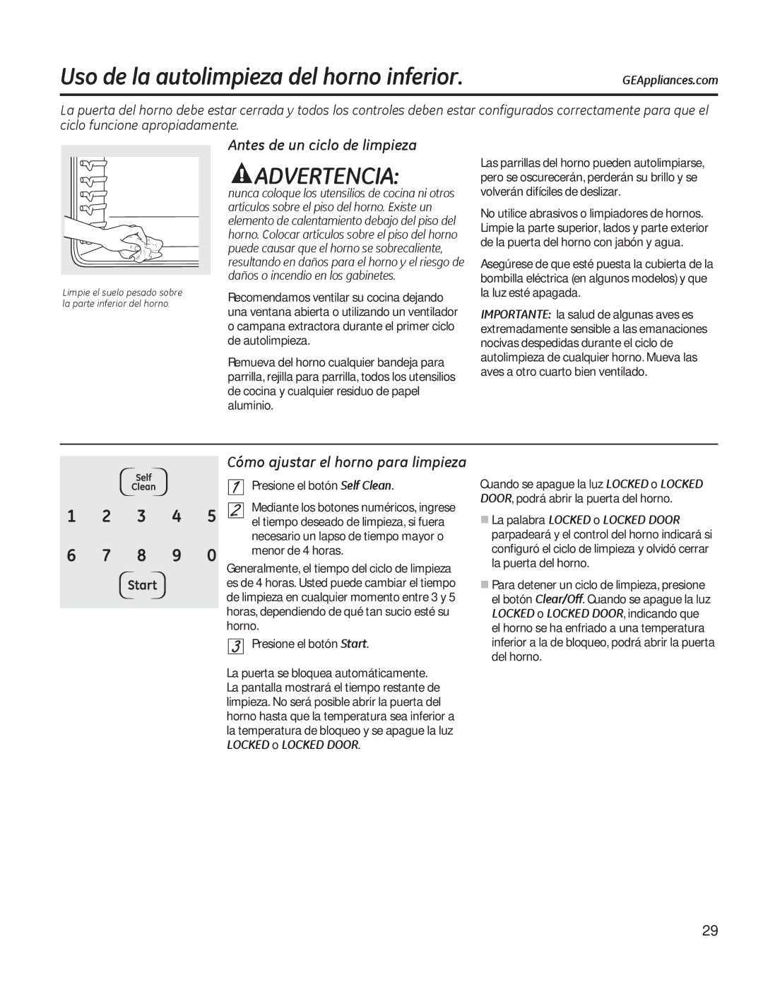 GE JTP90 Uso de la autolimpieza del horno inferior, Antes de un ciclo de limpieza, Cómo ajustar el horno para limpieza 