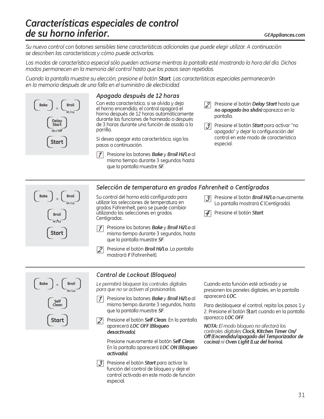 GE JTP90, JKP90 manual Características especiales de control De su horno inferior, Apagado después de 12 horas 