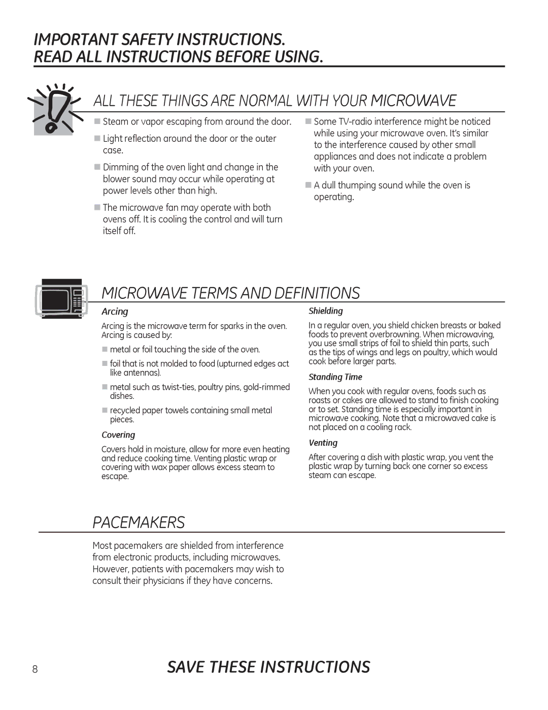 GE JKP90, JTP90 manual Microwave Terms and Definitions, Pacemakers, Arcing 