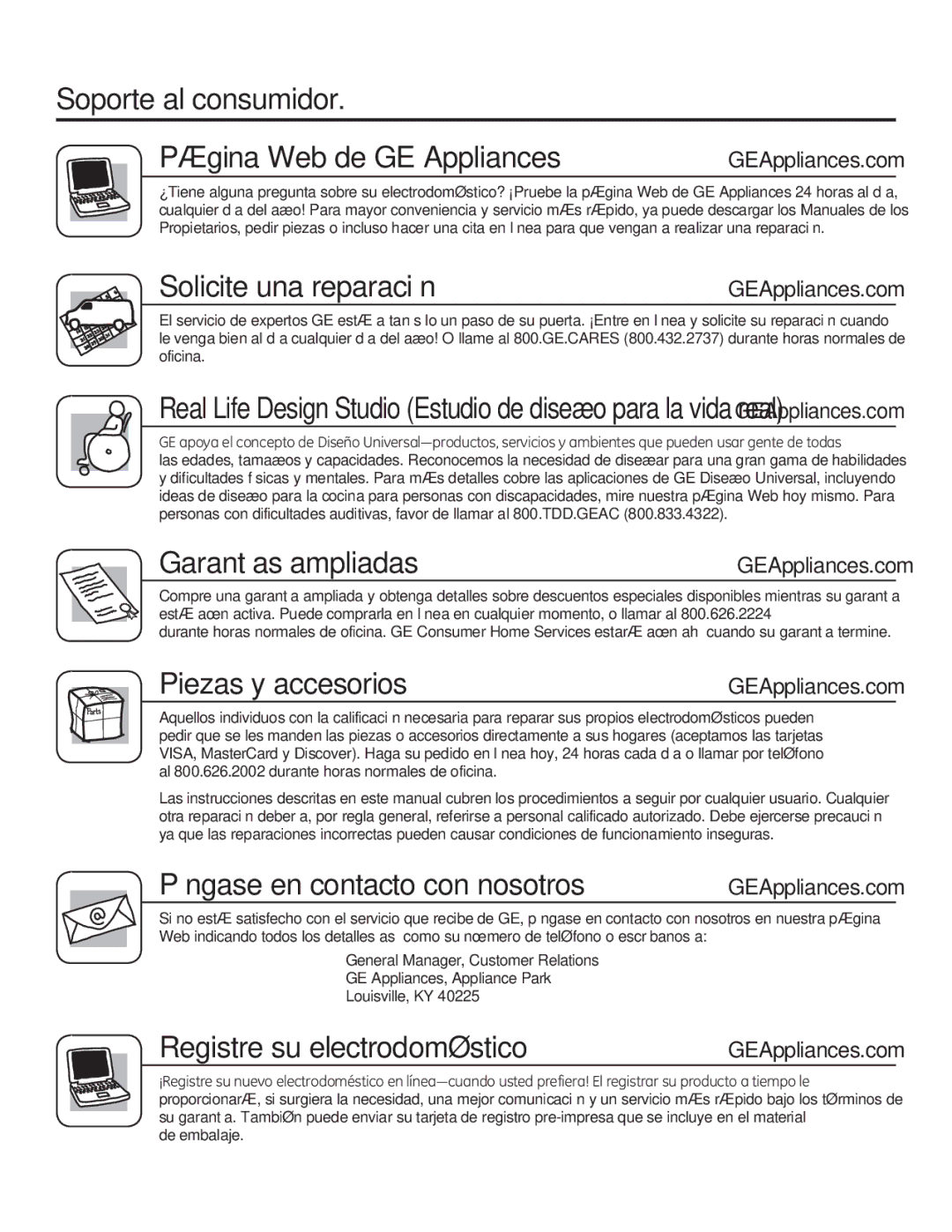 GE JKP90, JTP90 manual Soporte al consumidor Página Web de GE Appliances, Solicite una reparación, Piezas y accesorios 