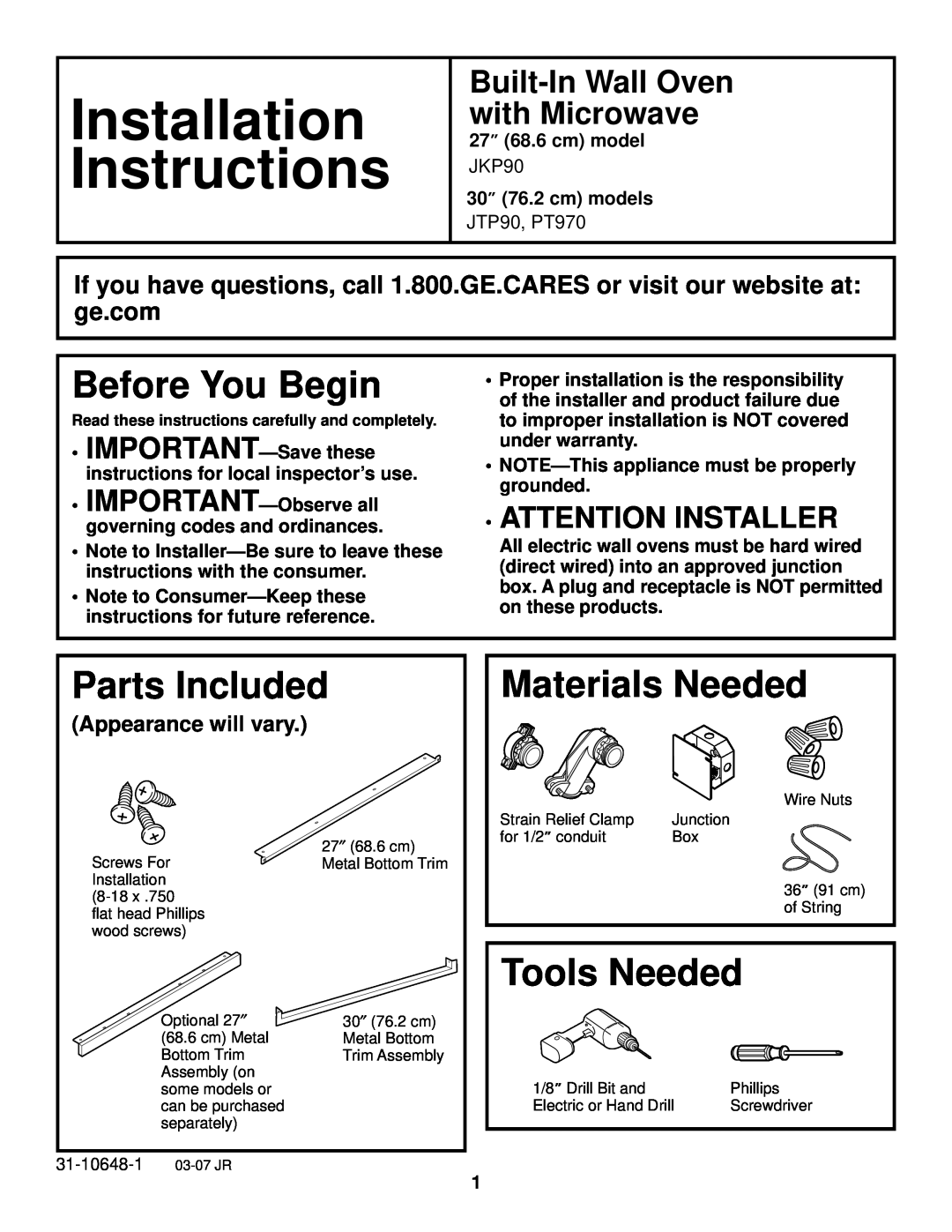 GE JTP90, JKP90 installation instructions Installation, Instructions, Before You Begin, Parts Included, Materials Needed 