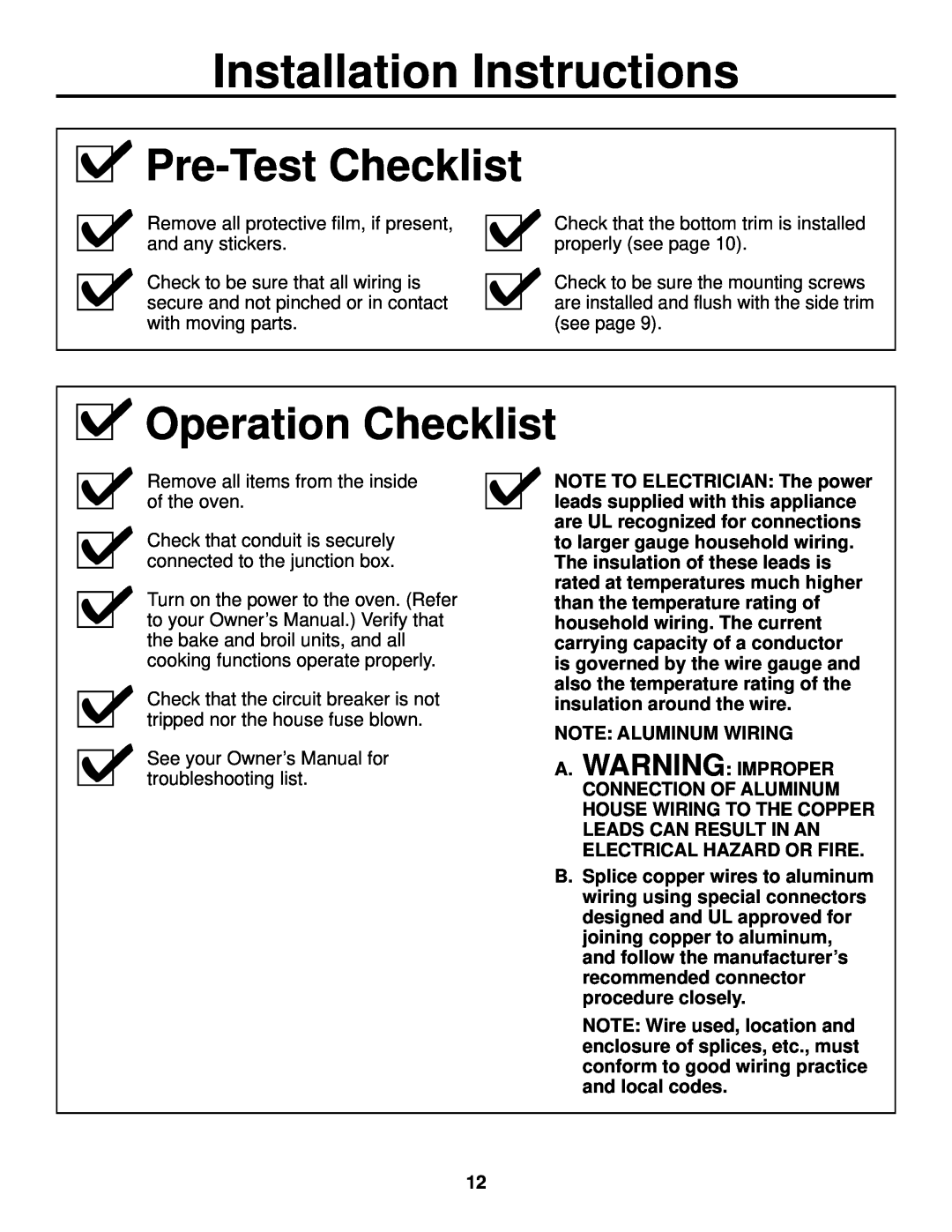 GE JKP90, JTP90 installation instructions Operation Checklist, Pre-TestChecklist, Installation Instructions 