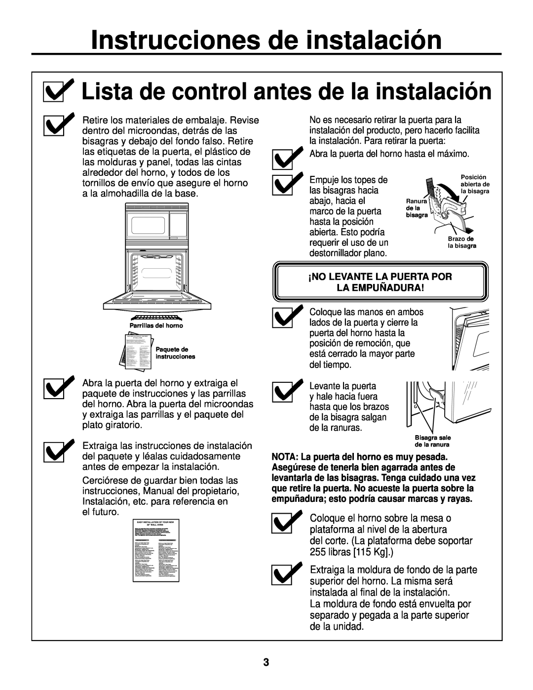 GE JTP90 Lista de control antes de la instalación, Instrucciones de instalación, ¡No Levante La Puerta Por La Empuñadura 