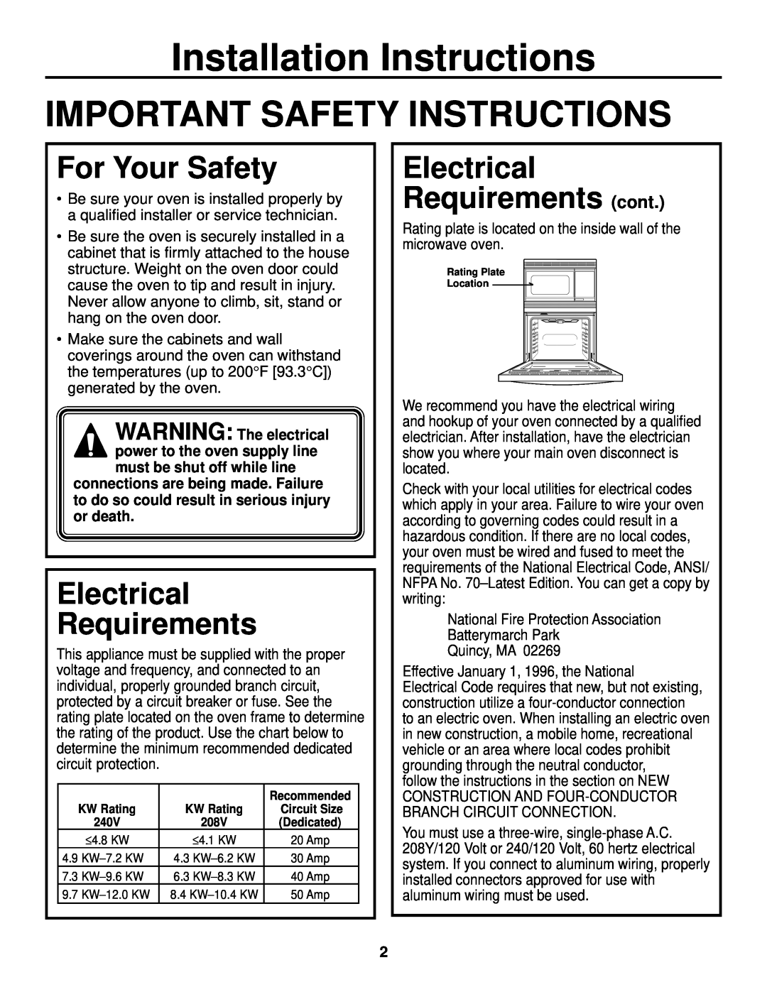 GE JKP90, JTP90 Installation Instructions, Important Safety Instructions, For Your Safety, Electrical Requirements 