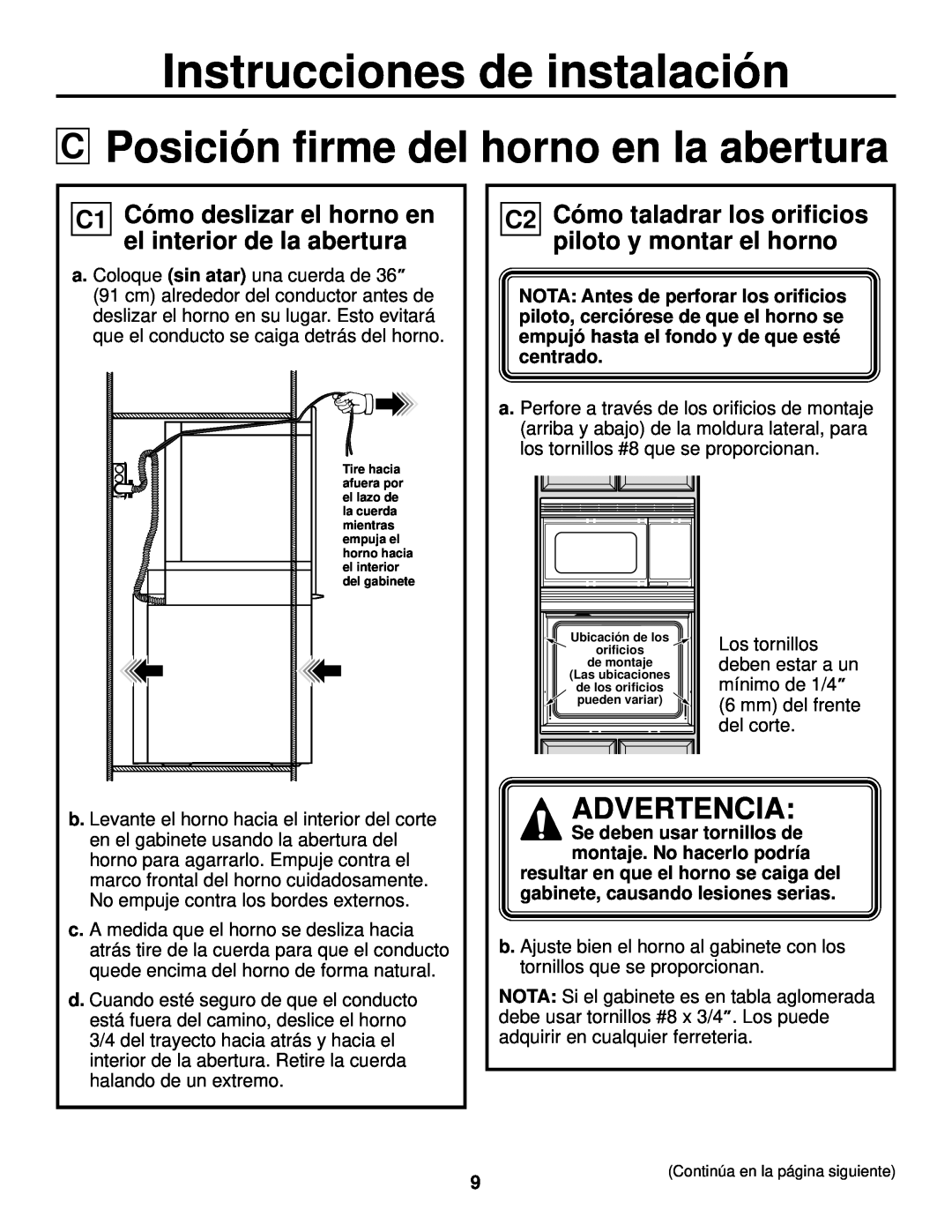 GE JTP90, JKP90 installation instructions Posición firme del horno en la abertura, Instrucciones de instalación, Advertencia 