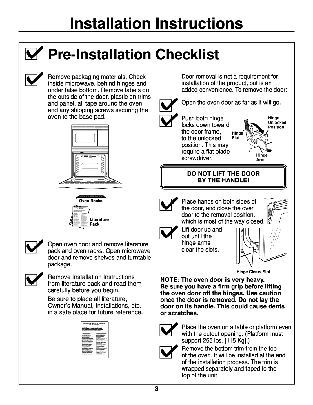 GE JTP90, JKP90 Pre-InstallationChecklist, Installation Instructions, Do Not Lift The Door By The Handle 