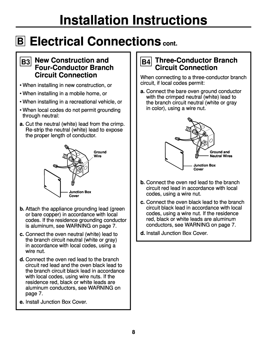 GE JKP90, JTP90 Electrical Connections cont, Installation Instructions, B3 New Construction and Four-ConductorBranch 