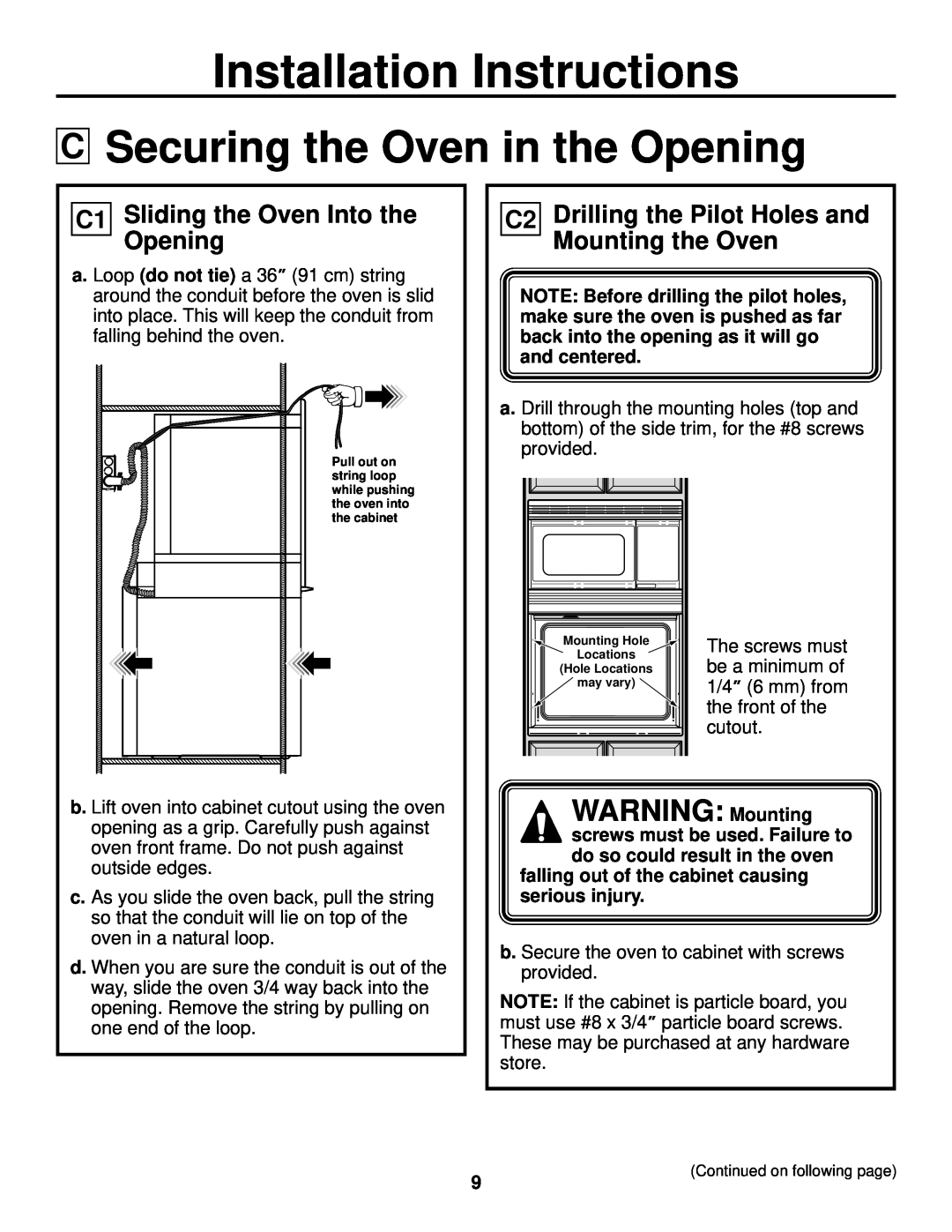 GE JTP90, JKP90 installation instructions Securing the Oven in the Opening, WARNING Mounting, Installation Instructions 