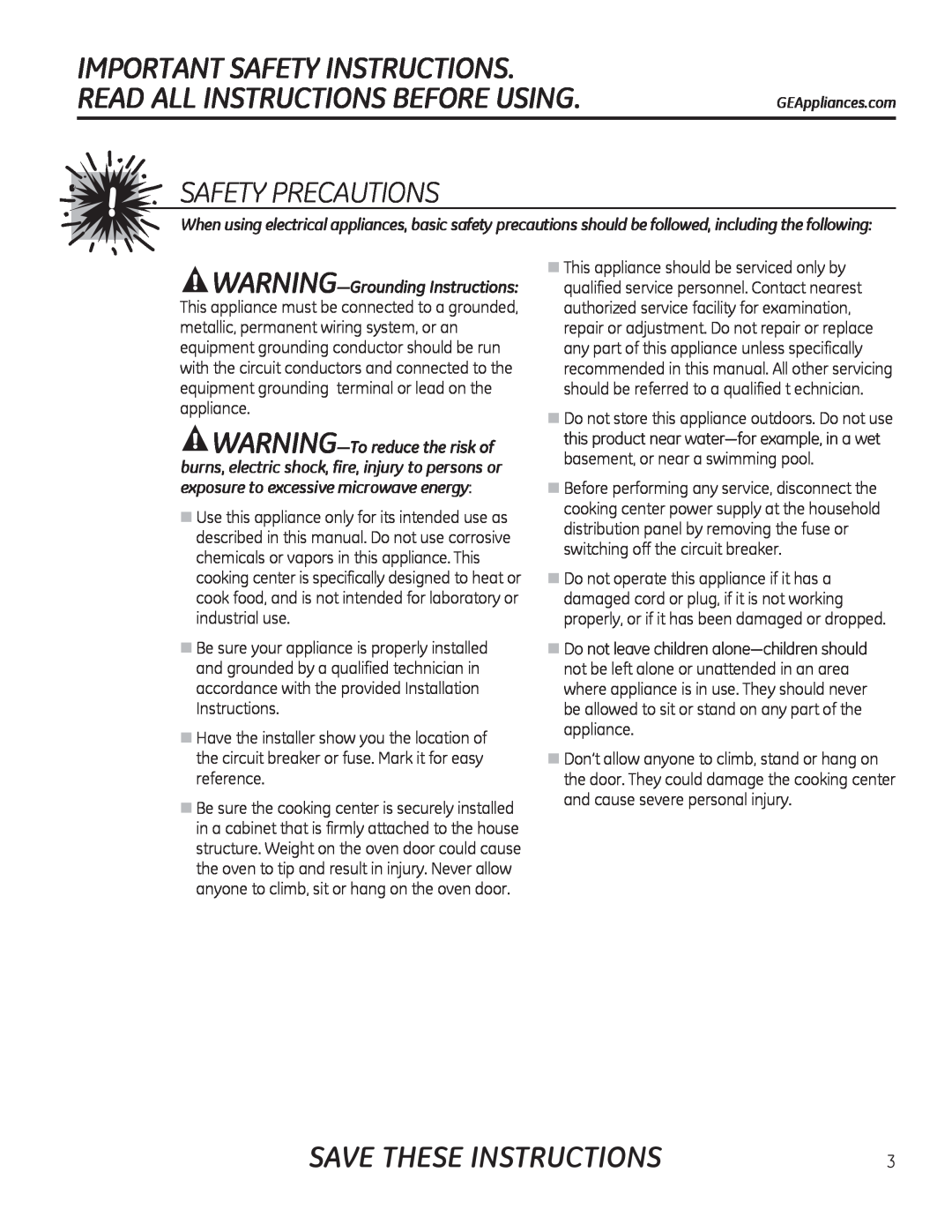 GE JTP90 Safety Precautions, Save These Instructions, Important Safety Instructions, Read All Instructions Before Using 