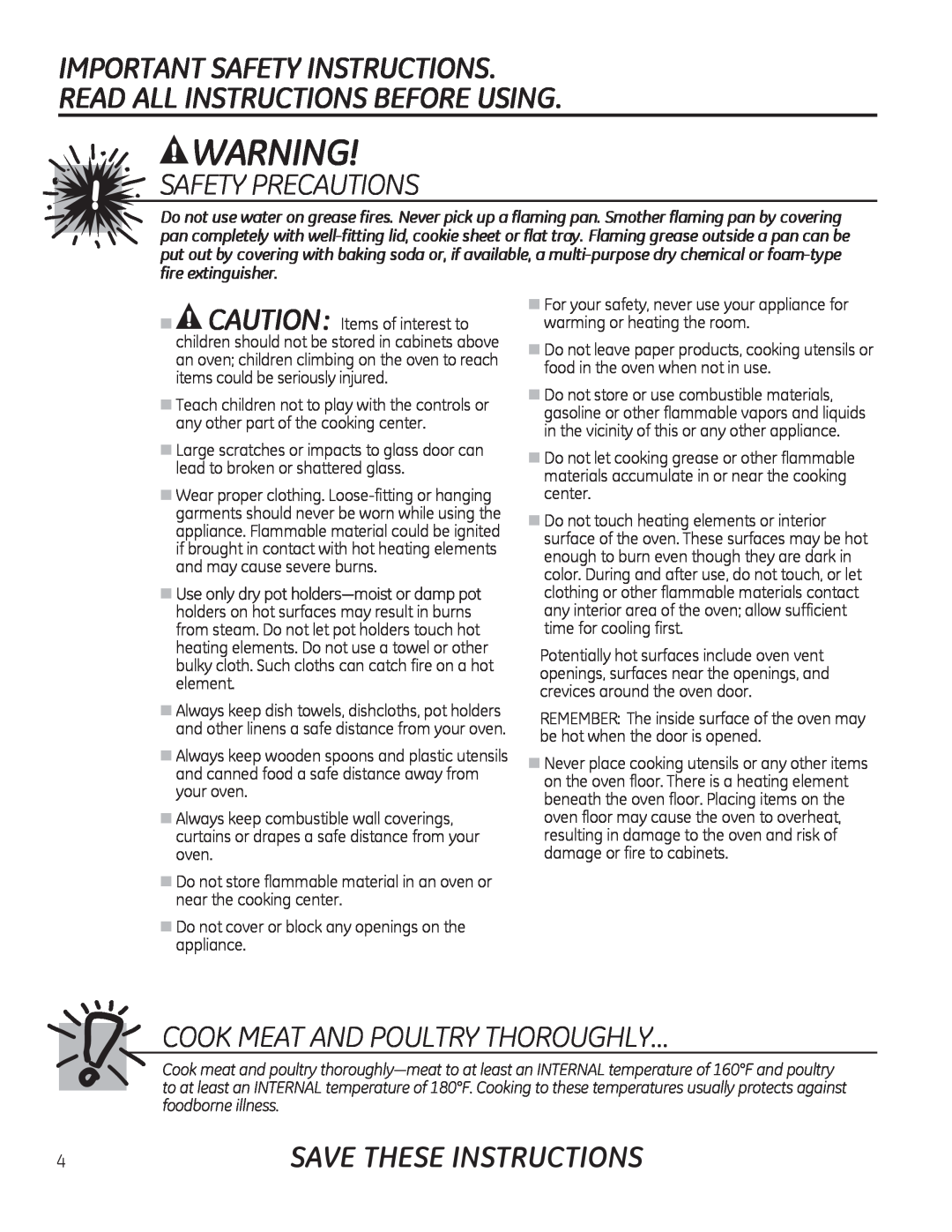 GE JKP90, JTP90 Cook Meat And Poultry Thoroughly…, IrrgeruqhLooqhvv, Important Safety Instructions, Safety Precautions 