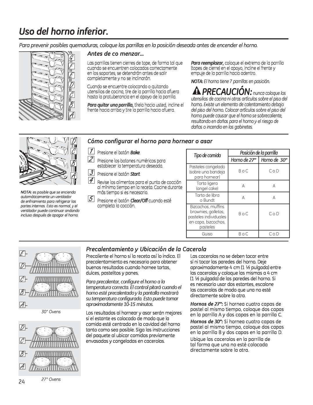 GE JKP90, JTP90 manual Uso del horno inferior, Antes de co menzar…, Cómo configurar el horno para hornear o asar 