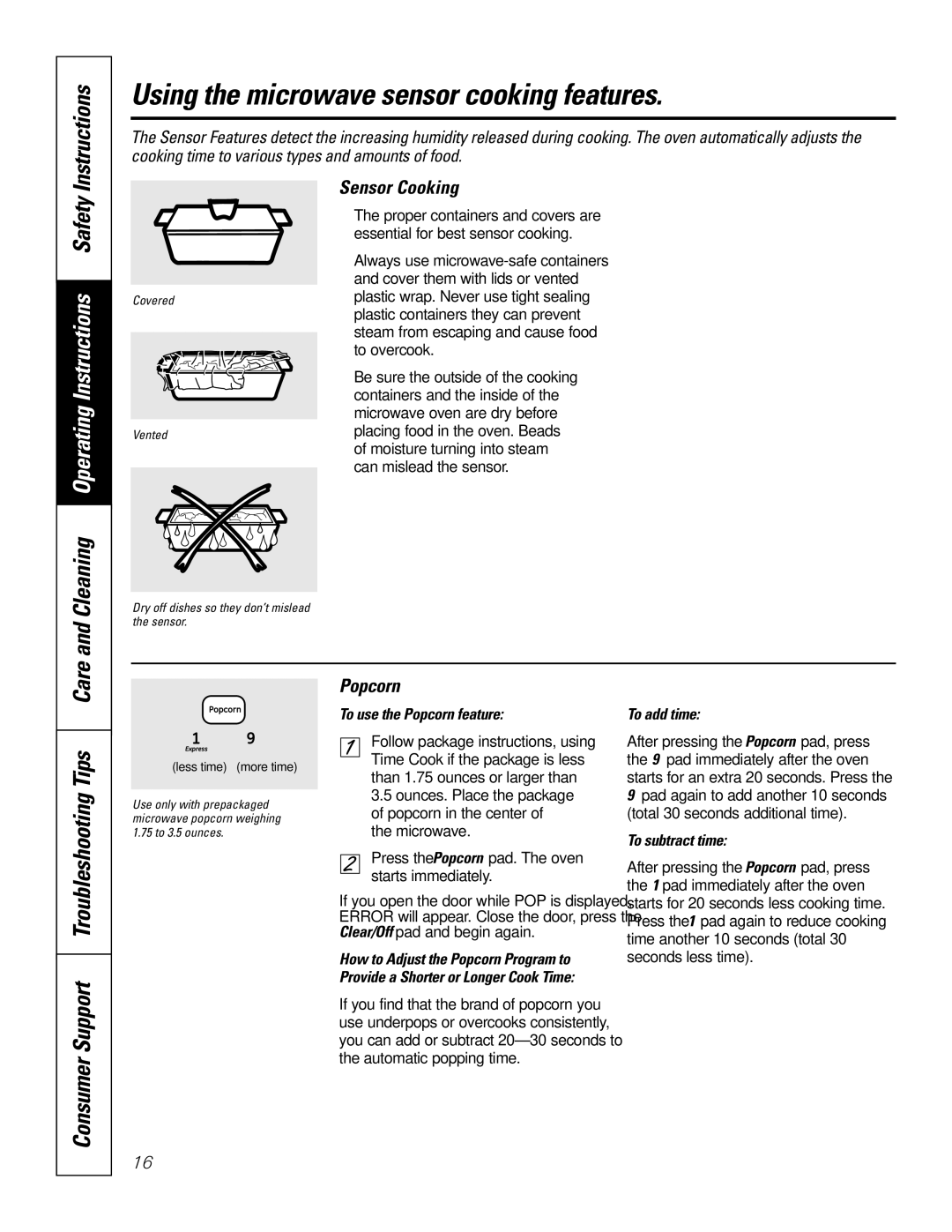 GE JKP9027 Using the microwave sensor cooking features, Cleaning Operating Instructions Safety Instructions, Popcorn 