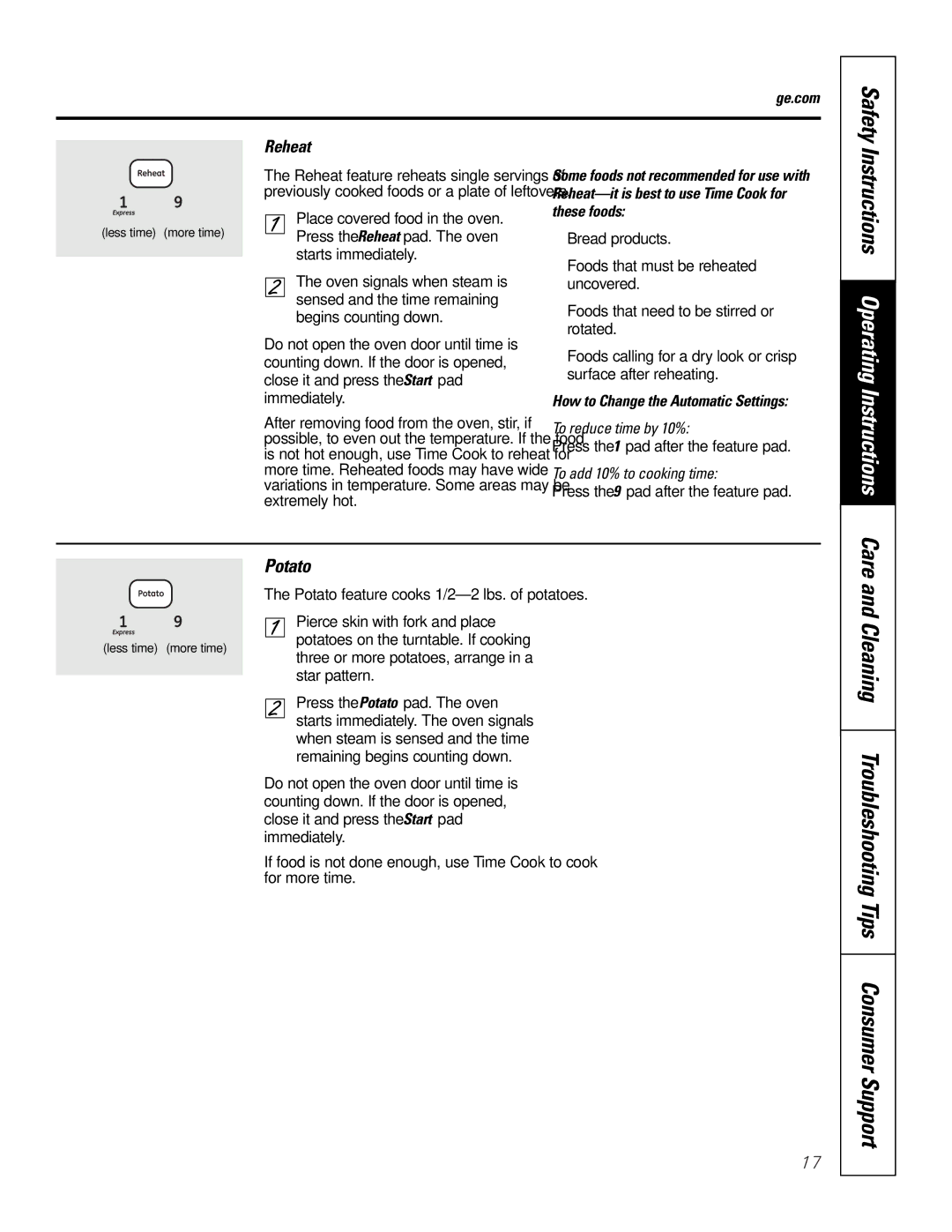 GE JTP9030, JKP9027 owner manual Potato, Safety Reheat, How to Change the Automatic Settings 