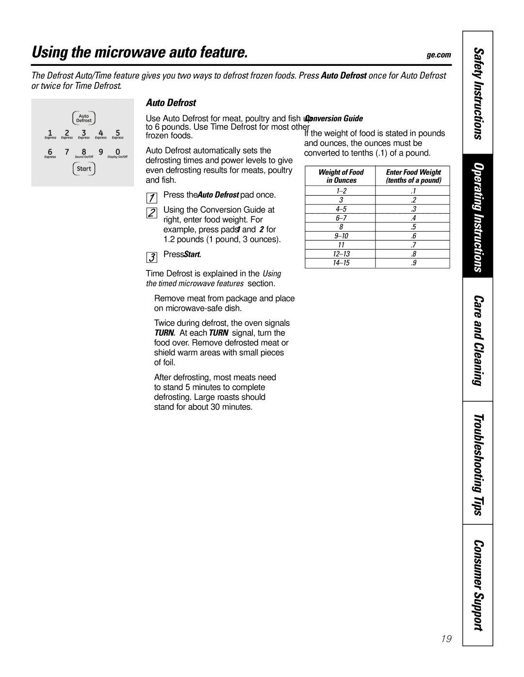 GE JTP9030, JKP9027 owner manual Using the microwave auto feature, Auto Defrost, Conversion Guide 