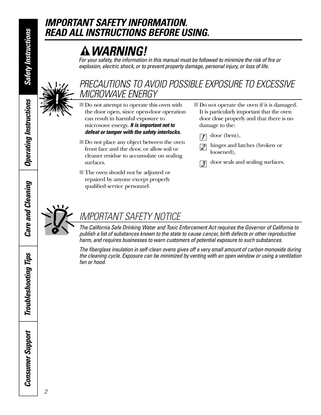 GE JKP9027, JTP9030 Important Safety Notice, Cleaning Operating Instructions, Consumer Support Troubleshooting Tips Care 