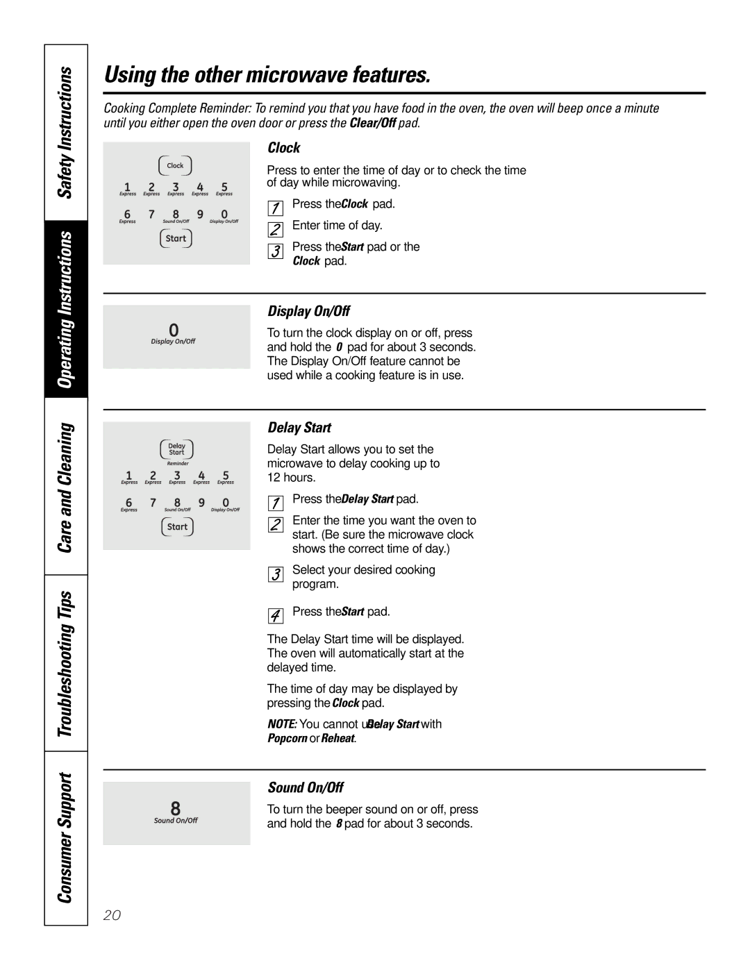 GE JKP9027, JTP9030 owner manual Using the other microwave features, Clock, Display On/Off, Delay Start, Sound On/Off 