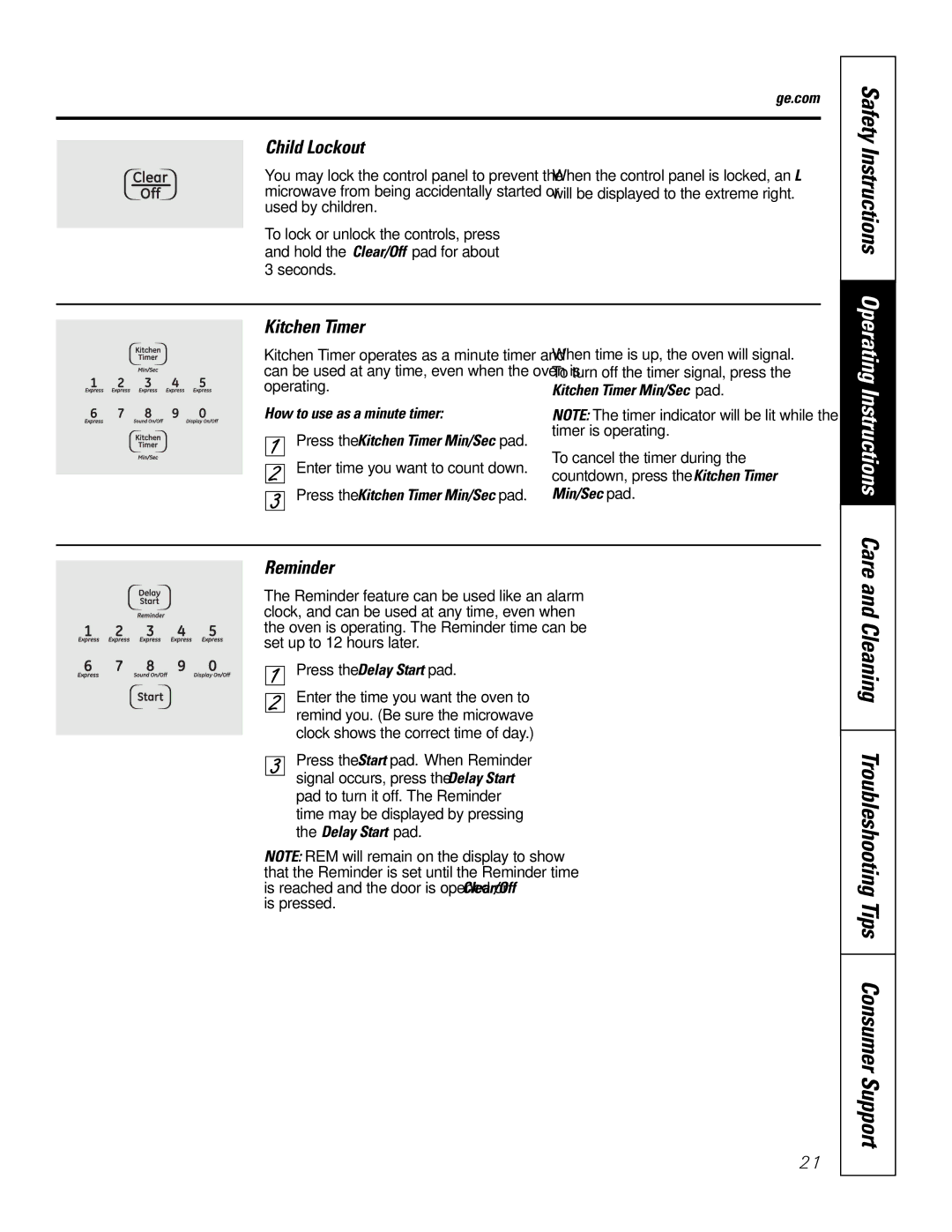 GE JTP9030, JKP9027 owner manual Child Lockout, Reminder, How to use as a minute timer, Kitchen Timer Min/Sec pad 