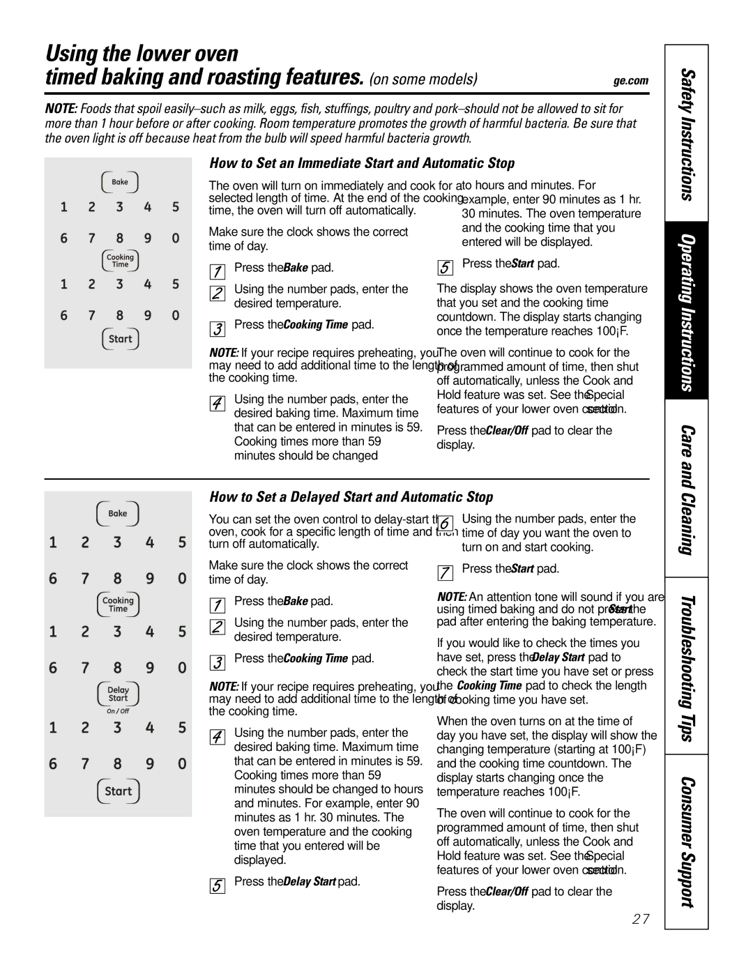 GE JTP9030, JKP9027 How to Set an Immediate Start and Automatic Stop, How to Set a Delayed Start and Automatic Stop 