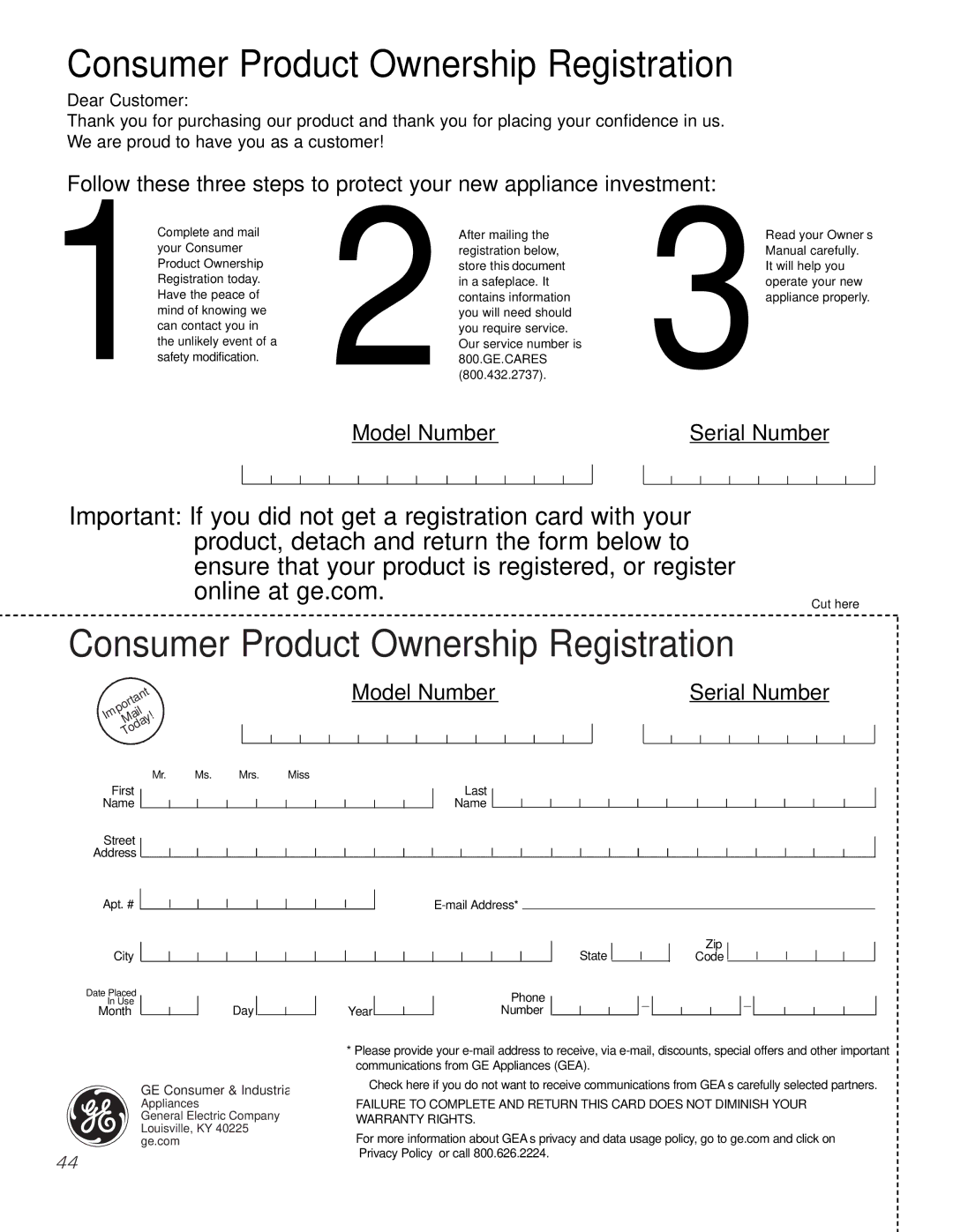 GE JKP9027, JTP9030 owner manual Consumer Product Ownership Registration 