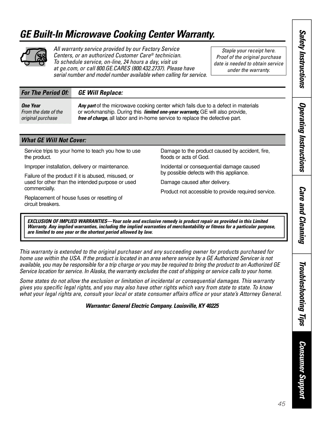 GE JTP9030, JKP9027 GE Built-In Microwave Cooking Center Warranty, Safety Instructions Operating, Instructions Care 