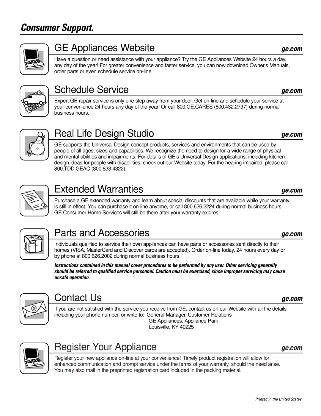 GE JKP9027, JTP9030 Consumer Support GE Appliances Website, Schedule Service, Real Life Design Studio, Extended Warranties 