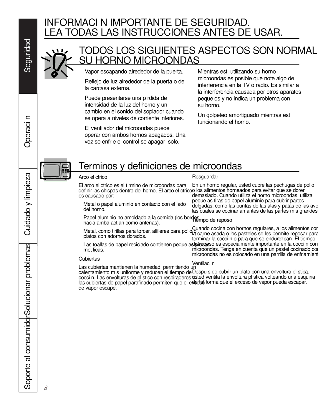 GE JKP9027, JTP9030 owner manual Arco eléctrico, Cubiertas, Resguardar, Tiempo de reposo, Ventilación 