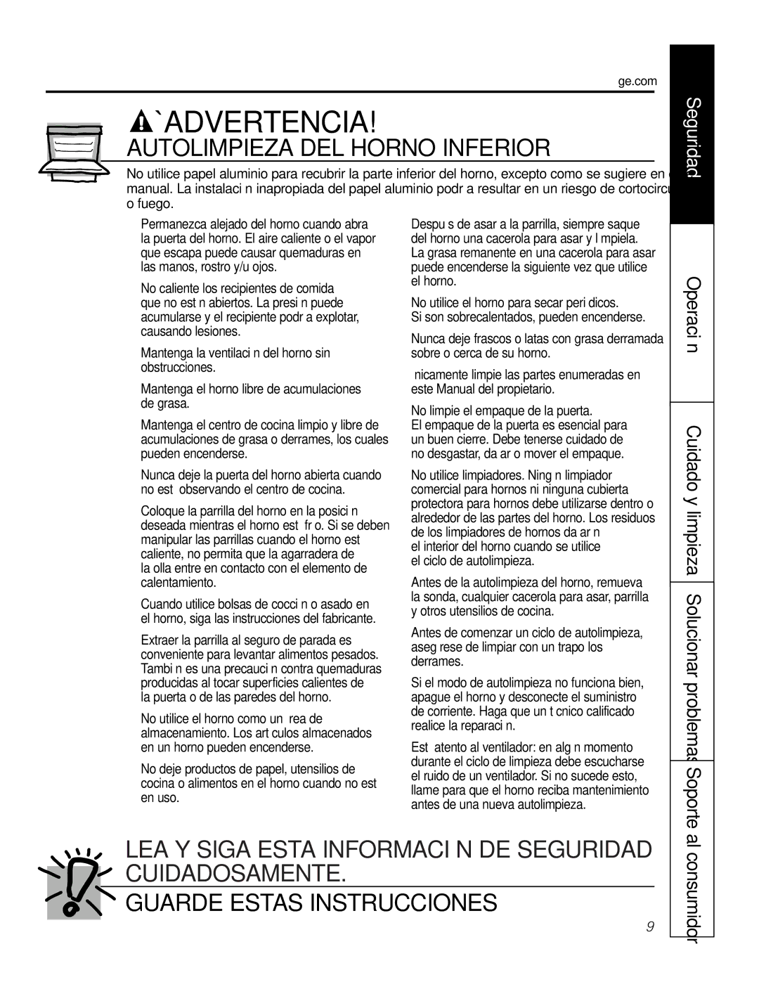 GE JTP9030, JKP9027 Autolimpieza DEL Horno Inferior, LEA Y Siga Esta Información DE Seguridad Cuidadosamente, Consumidor 