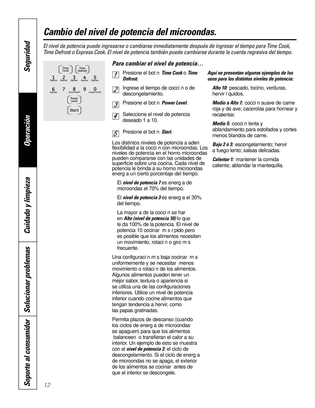 GE JKP9027, JTP9030 owner manual Cambio del nivel de potencia del microondas, Para cambiar el nivel de potencia… 