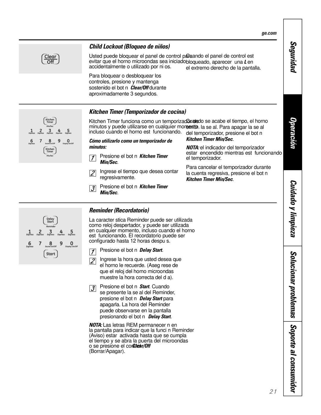 GE JTP9030, JKP9027 owner manual Kitchen Timer Temporizador de cocina, Reminder Recordatorio, Child Lockout Bloqueo de niños 