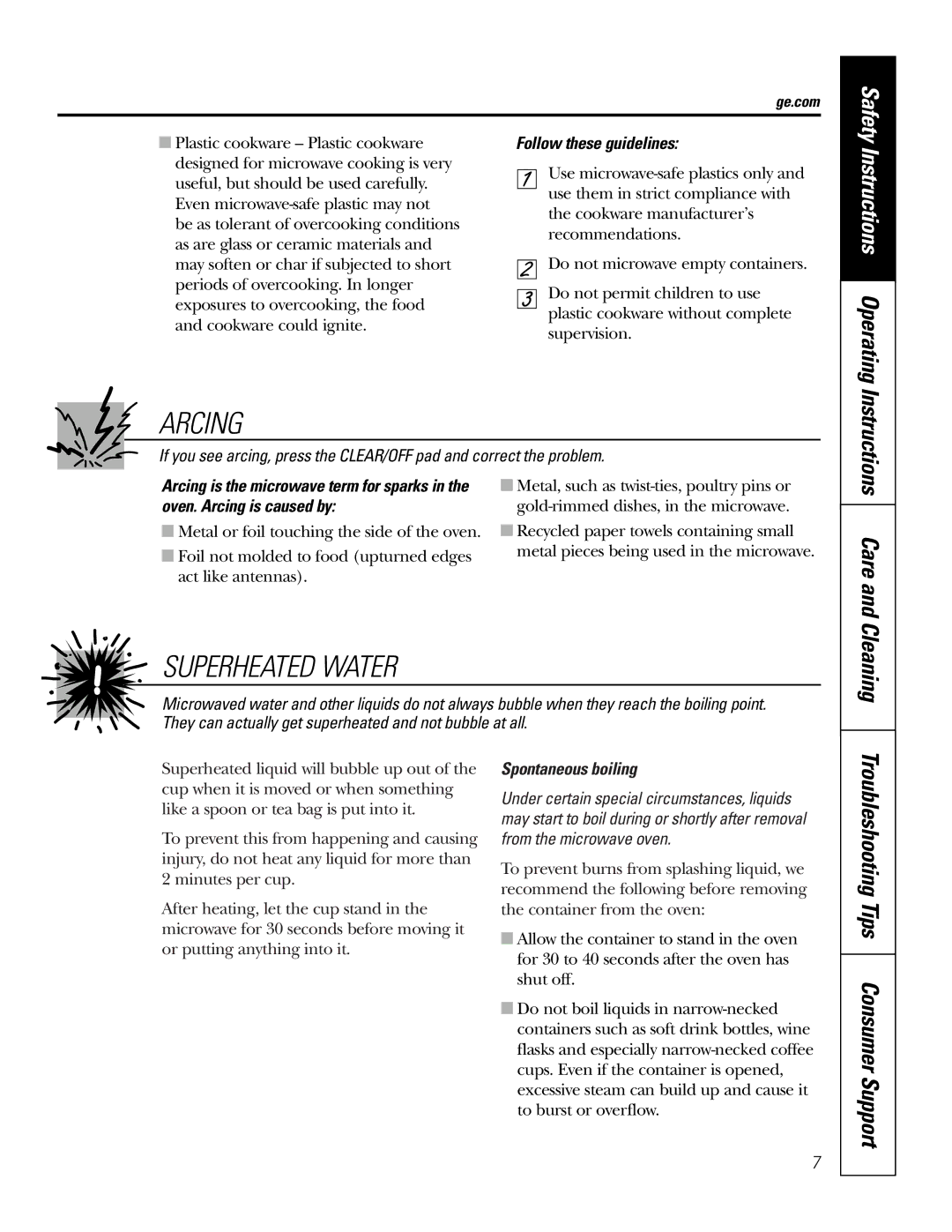 GE JTP9030, JKP9027 owner manual Arcing, Troubleshooting Tips Consumer Support, Follow these guidelines, Spontaneous boiling 