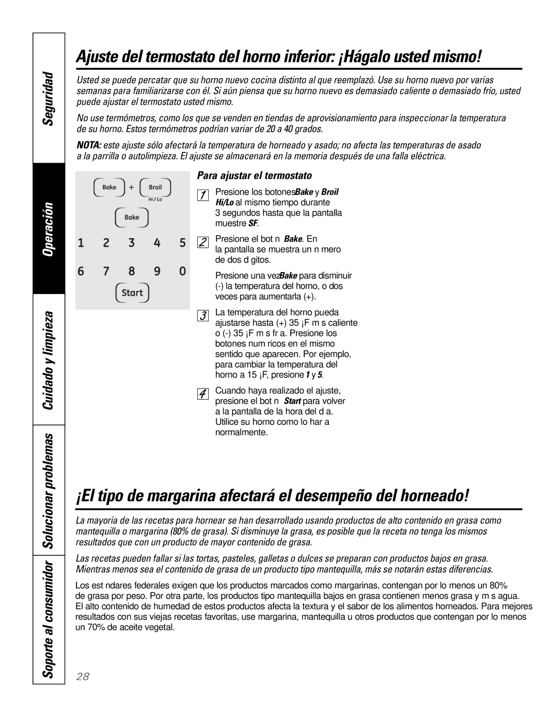 GE JKP9027, JTP9030 owner manual ¡El tipo de margarina afectará el desempeño del horneado, Para ajustar el termostato 