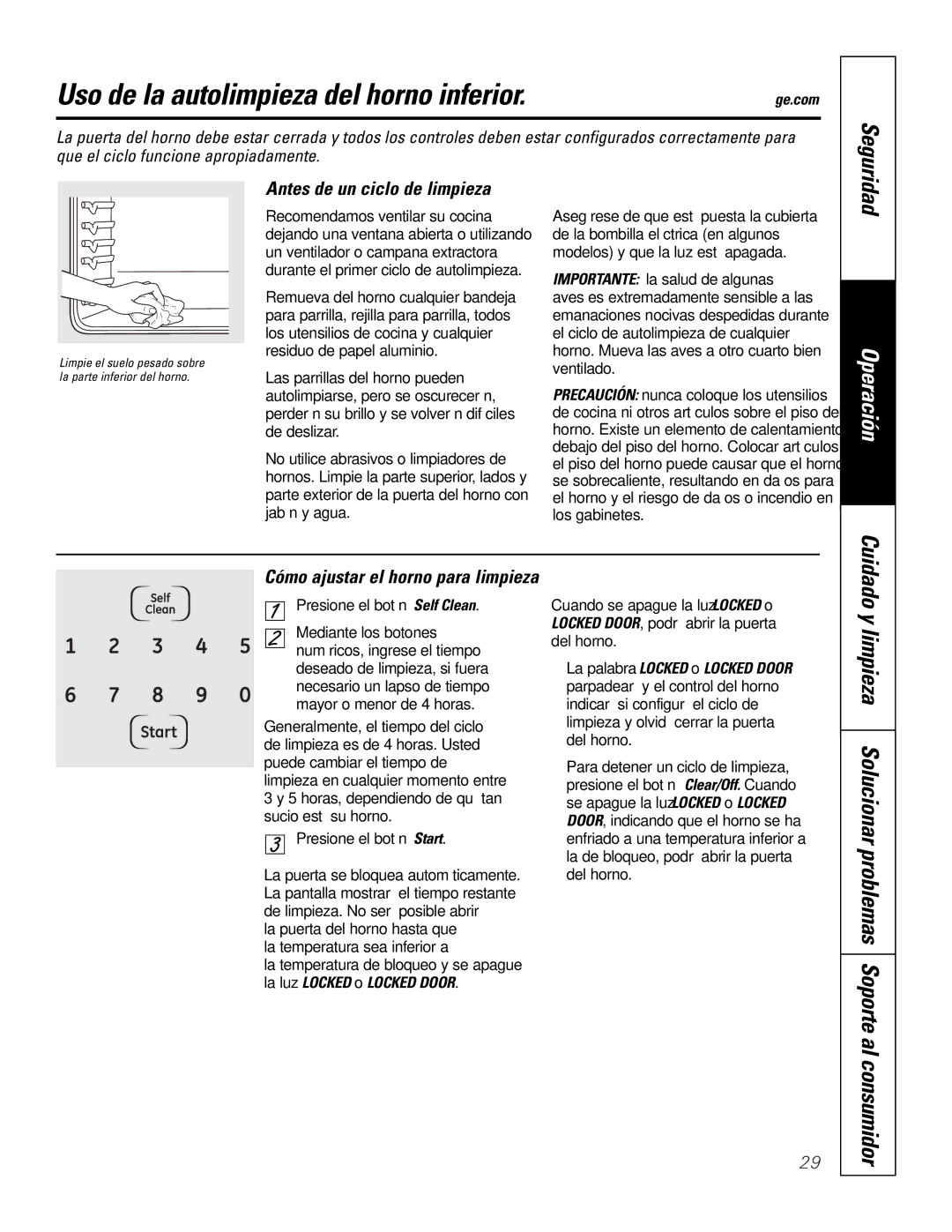 GE JTP9030, JKP9027 owner manual Uso de la autolimpieza del horno inferior, Antes de un ciclo de limpieza 