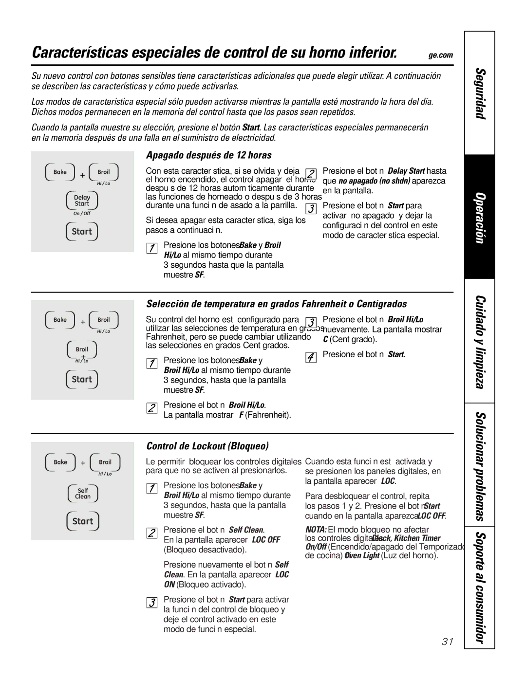 GE JTP9030, JKP9027 owner manual Apagado después de 12 horas, Selección de temperatura en grados Fahrenheit o Centígrados 