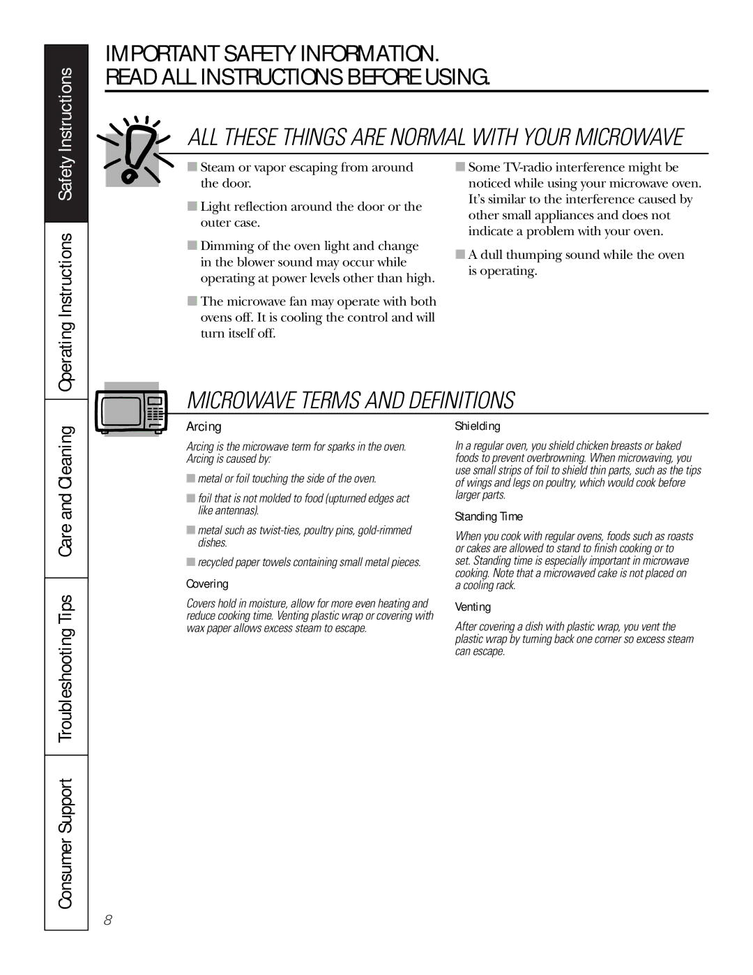 GE JKP9027, JTP9030 owner manual Microwave Terms and Definitions, Operating Instructions Safety, Arcing 