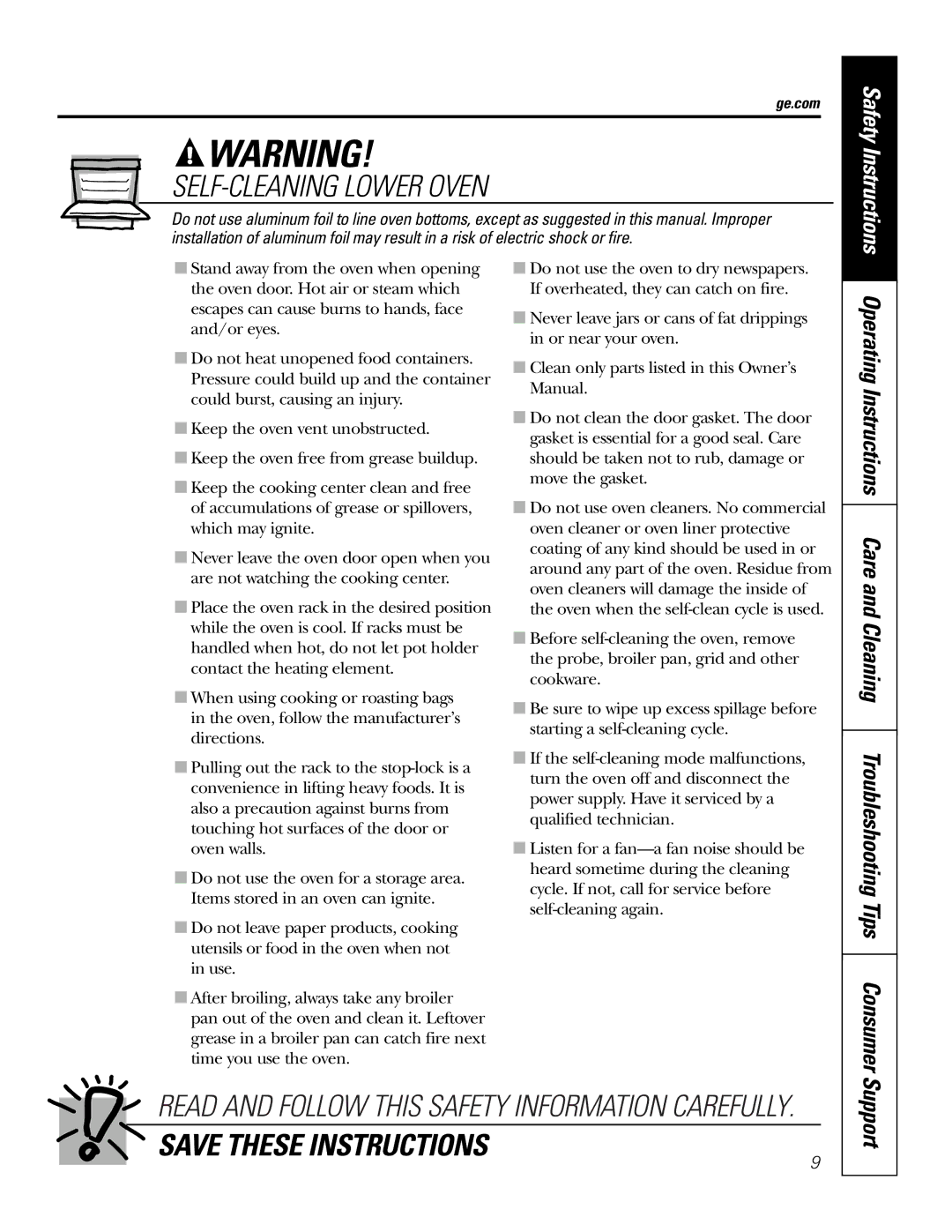 GE JTP9030, JKP9027 owner manual SELF-CLEANING Lower Oven, Support 