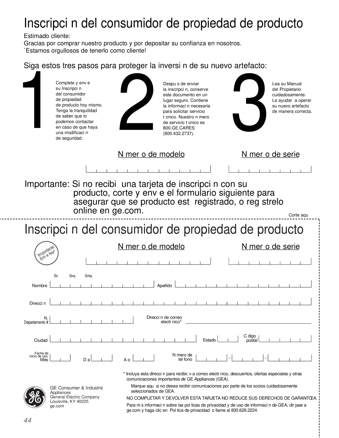 GE JKP9027, JTP9030 owner manual Inscripción del consumidor de propiedad de producto 