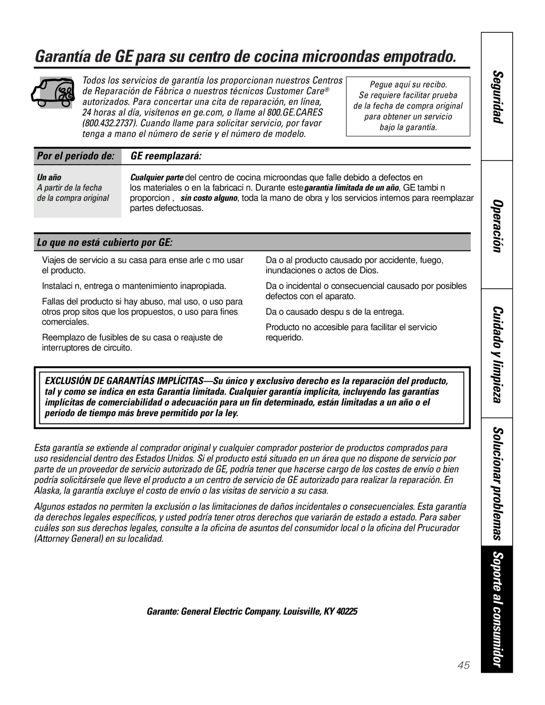 GE JTP9030, JKP9027 owner manual Operación, GE reemplazará, Lo que no está cubierto por GE, Por el período de 