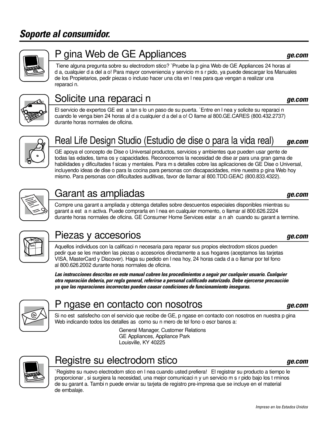 GE JKP9027, JTP9030 Soporte al consumidor Página Web de GE Appliances, Solicite una reparación, Garantías ampliadas 