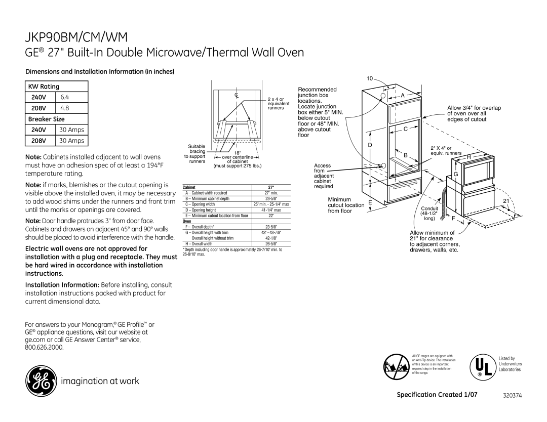 GE JKP90BMBB dimensions JKP90BM/CM/WM, GE 27 Built-In Double Microwave/Thermal Wall Oven 