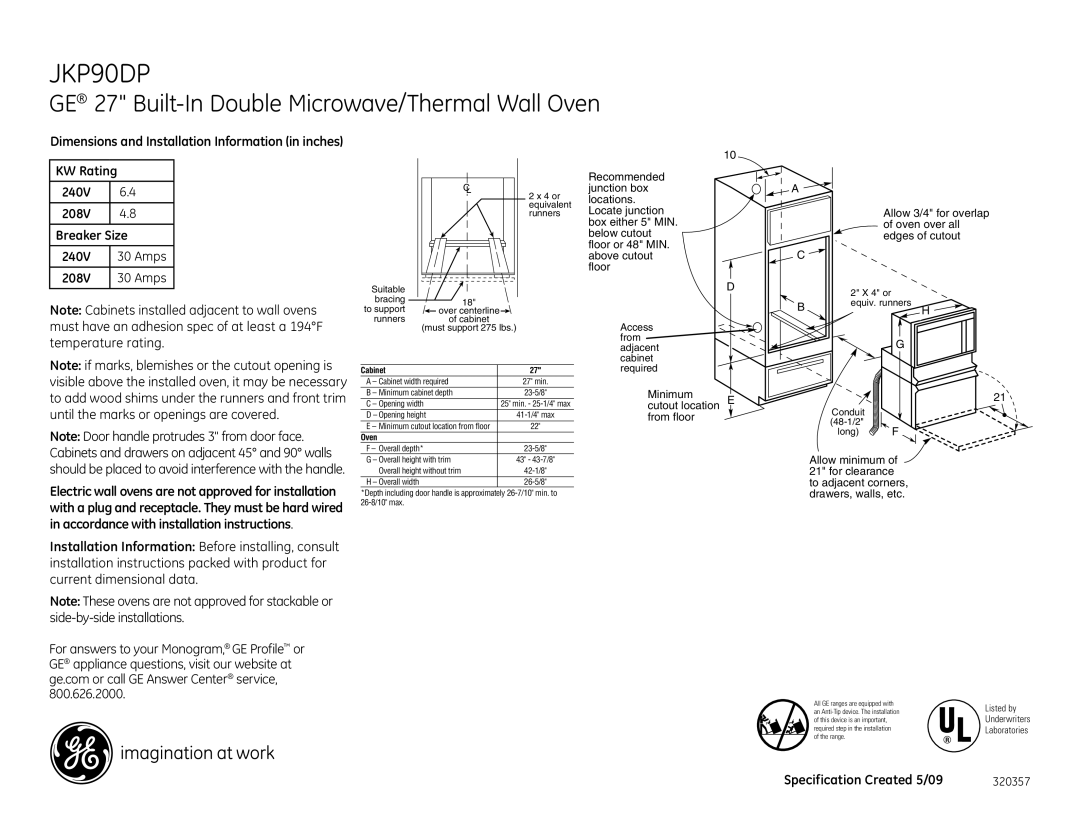 GE JKP90DPWW, JKP90BM dimensions GE 27 Built-In Double Microwave/Thermal Wall Oven, KW Rating 240V 208V Breaker Size Amps 