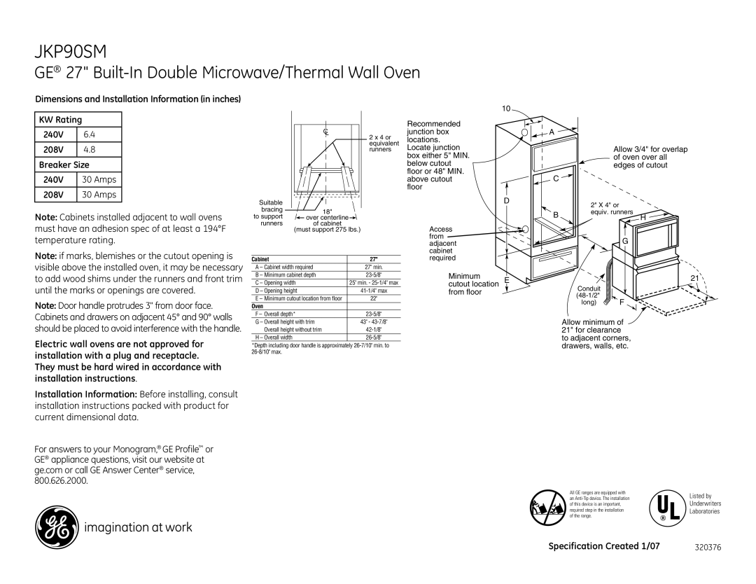 GE JKP90SM dimensions GE 27 Built-In Double Microwave/Thermal Wall Oven 