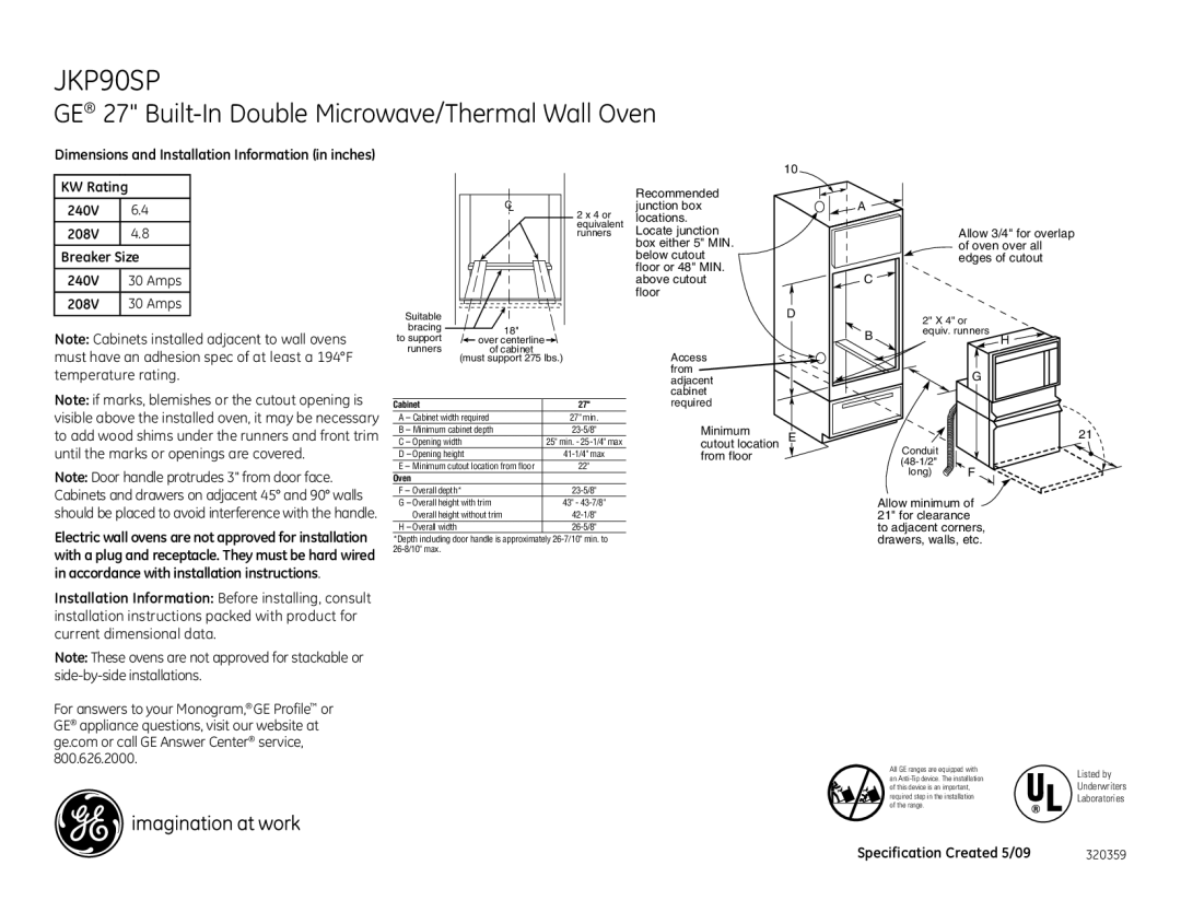 GE JKP90SPSS dimensions GE 27 Built-In Double Microwave/Thermal Wall Oven, KW Rating 240V 208V Breaker Size Amps 